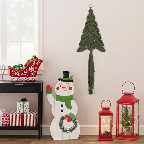 LB Macrame Christmas Tree Wall Hanging, Green Christmas Tree Wall Art Handmade Woven with Wood Beads Xmas Holiday Tapestry Funny Xmas Ornament for Bedroom Living Room Rustic Xmas Decor,10X31 Inch - color: Dark Green