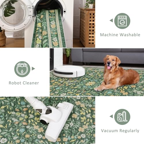 Area Rug for Living Room Ultra Thin Washable Floral Area Rug Non-Slip Boho Flower Carpet - Soft Indoor Throw Rug for Girls Room, Nursery, Playroom - color: Green, size: 9' x 12' (Rectangular)