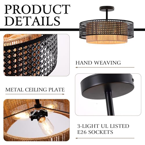 17.7" Black Bohemian Wicker Flush Mount Ceiling Light, Hand-Woven Double Layer Drum Semi-Flush Fixture for Bedroom, Living Room, Dining Room, Hallway & Kitchen - color: 17.7'' Rattan&Hemp rope Black