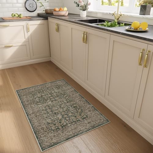 Boho Washable Kitcheh Rug for Entryway: Door Mat Indoor Entrance 2x3 Small Throw Rug Stain Resistant Non-Slip Low Pile Soft Carpet for Kitchen Front Door Indoor Entrance Entry Bedroom - color: Dark Green Brown, size: 2' x 3' (Rectangular)
