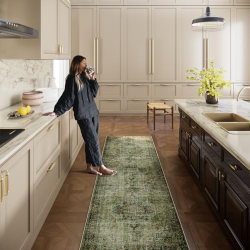 Machine Washable Kitchen Runner Rug: 2'x6' Hallway Rug Non Slip Low-Pile Stain Resistant Soft Carpet Runners for Entryway Hallways Kitchen Laundry Room Beside Farmhouse - color: Black and Green, size: 2' x 6' (Rectangular)