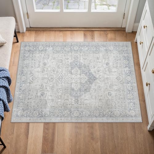 PureCozy Blue 2x3 Washable Entryway Indoor Rug Non-Slip Floral Vintage Distress Print Pattern Medallion for Living Room Thin Low Pile Soft Doormat for Kitchen Laundry Dining Room - color: Vintage 3丨grey, size: 2' x 3' (Rectangular)