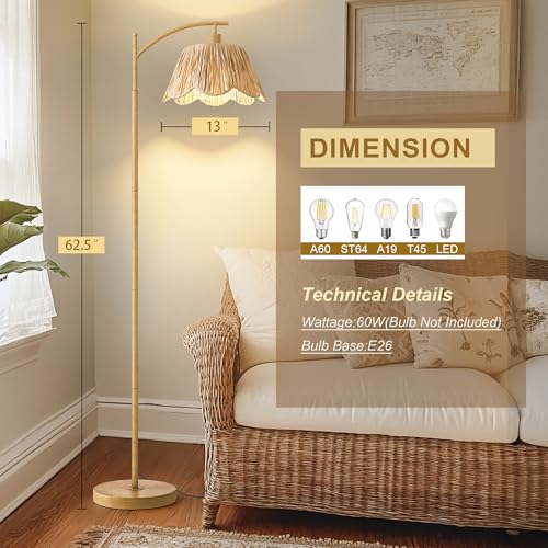 Oneach Boho Floor Lamp for Living Room, Farmhouse Standing Lamp with Foot Switch, Corner Reading Lamps for Bedroom with Hand-Woven Shade, Light Woodgrain Metal Base & Pole - color: Light Wood
