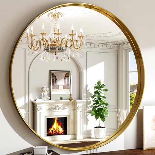 36 Inch Round Bathroom Mirror - Wall Mounted Circle Mirror with Metal Frame, Modern Mirror Suitable for Bathroom, Vanity, Entryway, Living Room, Wall Decor,Gold - color: Gold, size: 36"L x 36"W