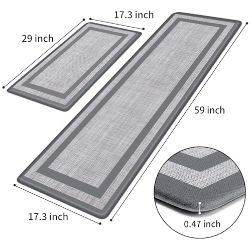 Mattitude Kitchen Mats Set of 2 Cushioned Rugs 0.47 inch Thick Anti-Fatigue Mats for Kitchen Floor,Waterproof Non-Slip Mats and Rugs Set for Office,Floor,Laundry 17.3"×29"+17.3"×59",Grey - color: Grey Frame, size: 17.3" x 59 "+ 17.3" x 29 "--0.47 inches