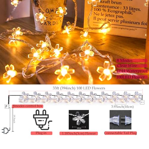 Indoor Plug in Decorative Fairy Flower String Lights, 33ft 100 LED Twinkle Cherry Blossom Floral Lamp for Bedroom Window Wall Ceiling Tree Hanging, Christmas Easter Birthday Decor (Warm White) - color: Warm White