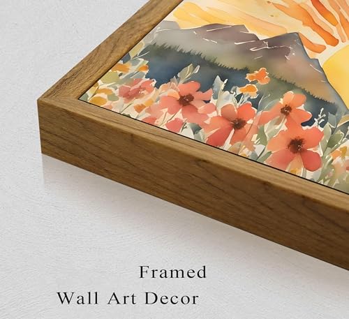 Framed Boho Sun Canvas Wall art Mid-Century Modern Abstract Bohemian Sunset in The Mountains Watercolor Wildflowers Sunrise Landscape Picture Wall Decor Poster Print Artwork for Living Room - color: Framed, size: 16"L x 12"W