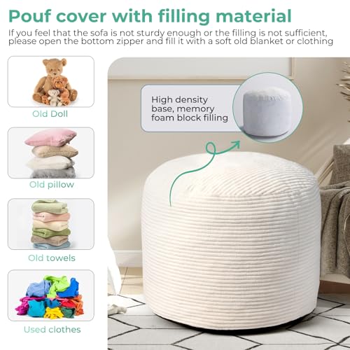 Dual-Size Corduroy Ottoman with Hidden Zipper – Ergonomic Memory Foam Footrest Poufs for Office Desks, Couches & Delicate Floors,Off-White 26"x 18" - color: Off-white, size: 26"D x 26"W x 18"H