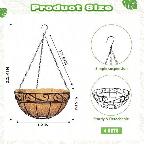 2 Pack 12 Inch Metal Outdoor Hanging Baskets Black Heavy Duty Hanging Planters with Coco Liners for Indoor Outdoor Plants Gardens Patios Terraces（Lace） - color: Lace