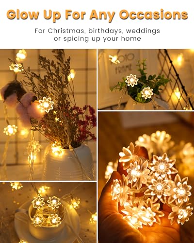JOLYMOLY 59 Ft 100 LED Flower Fairy Lights with Remote Timer, Plug in Connectable Twinkle Lights with Soft Flowers for Bedroom Wedding Dorm Indoor Outdoor Decor, Warm White - color: Warm White