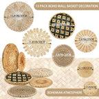 Glenmal Set of 13 Boho Wall Basket Decor Woven Rattan Flat Baskets Handmade Boho Wicker Bamboo Seagrass Wall Hanging Decor for Bedroom Living Room Dining Room Office Ready to Hang(Retro) - style: Retro