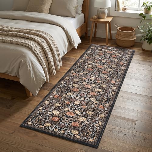 GarveeHome Brown Vintage Floral 2x6 Runner Rug Washable Kitchen Rugs Non Slip Black Boho Long Rug for Hallways Bedroom Entryway Bathroom Mat with Rubber Back - color: A Brown / Black, size: 2' x 6' (Runner)