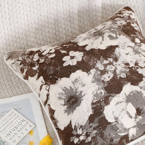 Vintage Floral Throw Pillow Covers 20x20 Set of 2 Neutral Boho Farmhouse Soft Chenille Jacquard Decorative Couch Pillow Covers for Sofa Couch Bed Living Room Home Décor Beige Brown - color: Beige Brown, size: 20" x 20" (Pack of 2)