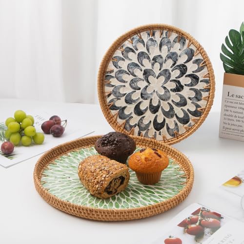 Round Rattan Tray with Mother of Pearl Inlay, Decorative Wicker Serving Tray with Wooden Base, Woven Basket Trays for Bread Fruits Coffee, Plume - color: Plume