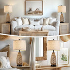 Boho Table Lamp Set of 2, 27" Handwoven Rattan Lamps with Fabric Shade, Bohemian Farmhouse Bedside Lamp Modern Wicker Lamps with Rotary Switch for Bedroom Living Room Nightstands Dorm Farmhouse Decor