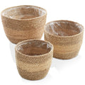 Casafield Set of 3 Seagrass Planter Baskets with Liners - Two-Tone, Hand Woven Indoor Flower Pot Covers for Plants, Succulents, Home Decor