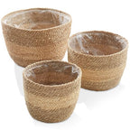 Casafield Set of 3 Seagrass Planter Baskets with Liners - Two-Tone, Hand Woven Indoor Flower Pot Covers for Plants, Succulents, Home Decor