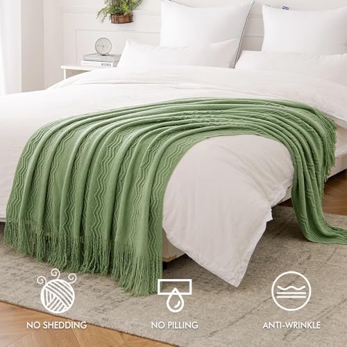 MIULEE Sage Green Knitted Throw Blanket for Couch Textured Spring Knit Blanket with Tassels Cozy Woven Boho Bed Blanket for Sofa Bed Chair Acrylic Wave Pattern 50"x60" - color: Sage Green, size: 50" x 60"