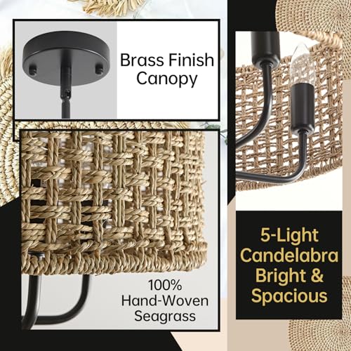 5-Light Rattan Chandelier for Dining Room, Boho Chandelier, Coastal Hand Woven Pendant Light Fixture for Kitchen Island Entryway Foyer Living Room Bedroom UL Listed Black - color: Black, size: 17.7"