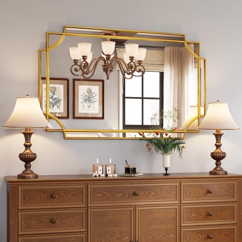 Kelly Miller Large Gold Mirror for Wall, 30"x46" Gold Bathroom Mirror Vanity Mirror Decorative Mirror Scalloped Beveled Mirror for Master Bath Half Bath Living Room Bedroom Farmhouse Fireplace Hallway - size: 46"L x 30"W