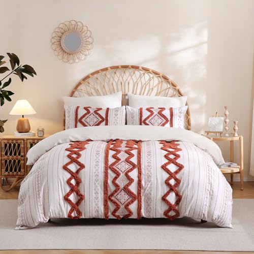 Herside 100% Cotton Boho Duvet Cover Set Queen Size,Shabby Chic Aztec Western Brick Red Tufted Bedding,Farmhouse Luxury 3 Piece Textured Quilt Duvet Set for All Season Home Decor - color: Brick Red, size: Queen(No Comforter)