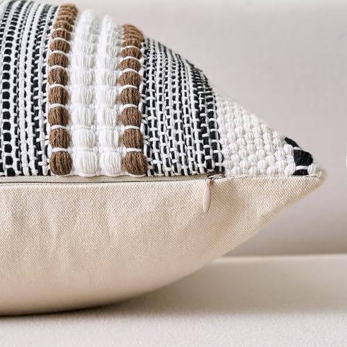 Boho Throw Pillow Covers 18x18 Farmhouse Decorative Accent Textured Accent Pillows Woven Cushion Cases - White and Brown Striped Throw Pillowcase Bohemian Pillow Covers for Couch Bed Living Room - color: Brown, size: 18" x 18" (Pack of 2)
