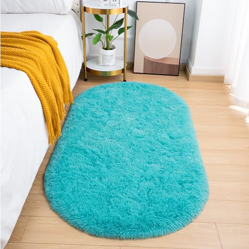 Goideal Fluffy Bedroom Rug, Small Oval Area Rugs, Teal Shag Bedside Carpet for Kids Room Nursery Dorm Cute Fuzzy Indoor Decor for Boy and Girl, 2.6 x 5.3 Feet - color: Teal