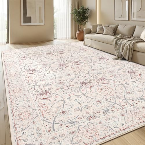 Area Rugs 9x12 for Living Room - Large Machine Washable Rugs for Bedroom Vintage Stain Resistant Non Slip Low Pile Carpet for Dinning Room Farmhouse Kids Room - color: Floral/Beige, size: 9' x 12' (Rectangular)