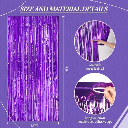 DECOCKRAT 3 Pack Foil Fringe Backdrop - Purple Shiny Tinsel Curtains for Party Decoration/Photo Booth Props - 3.3x8.2 FT Metallic Foil Backdrop for Birthday, Wedding, Graduation, Christmas. - color: Purple