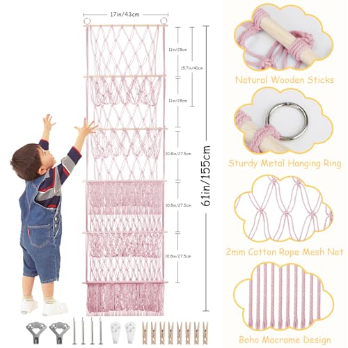 5 Tier Stuffed Animal Storage Shelf Net, 17x61 Inch Large Plushie Net w/LED Light & Clips for Mini Medium Stuffy Teddy, Pink Boho Macrame Wall Toy Holder Display for Nursery Kids Girls Boys - color: Light Pink, size: Large-5 Tier-17x61 Inch