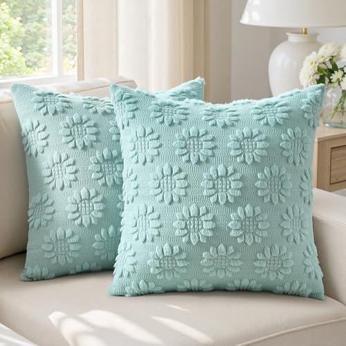 EMEMA Blue Floral Tufted Throw Pillow Covers, Set of 2 Soft Textured Decorative 18x18 Cushion Cases Bringing a Light, Cozy Layer to Sofa, Couch, Bedroom or Modern Farmhouse Living Room Décor - color: Blue-little Flower, size: 18" x 18" (Pack of 2)
