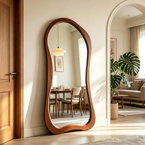 Large Irregular Mirror, 63"x30" Organic Floor Mirror with Solid Wood Frame, Asymmetrical Aesthetic Mirrors for Entryway Hallway Bedroom Cloakroom Living Room, Leaning/Wall-Mounted - color: Walnut Wood Frame, size: 63"L x 30"W