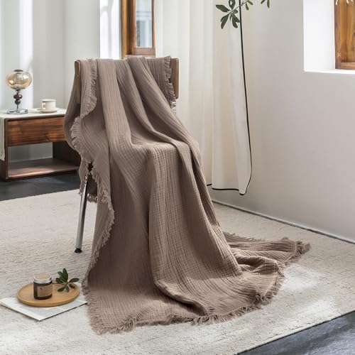 FOSSA Muslin Blanket with Fringe - 4-Layer 100% Cotton Gauze Super Soft & Breathable Throw -Lightweight Decorative Cooling Blanket for Bed, Sofa, Office (Pale Brown, Throw XL (50" × 70")) - color: Pale Brown, size: Throw XL (50" × 70")