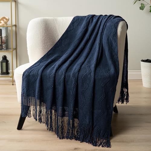 PAVILIA Navy Blue Knit Throw Blanket for Couch Bed, Soft Knitted Farmhouse Sofa Throw for Living Room, Lightweight Decorative Summer Throw Blanket for Chair, Outdoor Textured Boho Blanket, 50x60 - color: Navy Blue, size: 50 X 60 Inches - Throw
