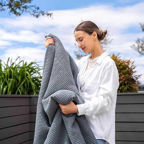 Organic Cotton Knitted Throw Blanket – Cool Throw Blankets for Couch – Gray Lightweight Throws for Summer – Waffle Weave Throw Blanket for Bed, Picnic, Adults & Toddlers (50”x60” – Gray) - color: Gray