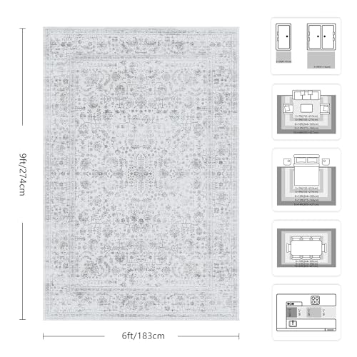 6x9 Area Rugs, Washable Vintage Retro Floral Rug for Living Room, Low Pile Non Slip Distressed Large Carpet for Bedroom, Dining Room, Office, Home (Grey) - color: A-grey, size: 6' x 9' (Rectangular)