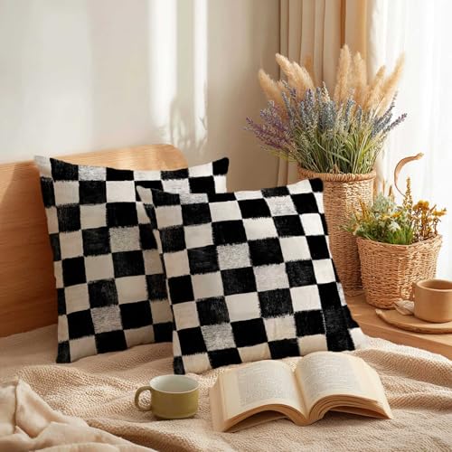 Black and White Checkered Throw Pillow Covers 18x18 Inch, Set of 2 | Buffalo Plaid Modern Square Cushion Cases for Couch & Living Room | Farmhouse Minimalist Home Decorative Pillowcases - color: Black and White