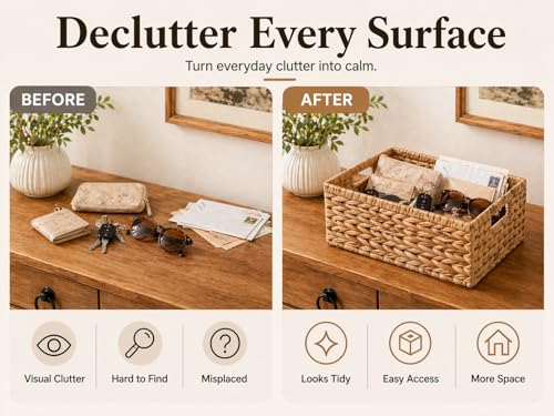 Wicker Storage Basket, Water Hyacinth Basket for Organizing, Rectangular Wicker Storage Baskets for Shelves, Small Wicker Basket with Built-in Handles, Natural, 12.6 x 8.66 x 6.3 Inch