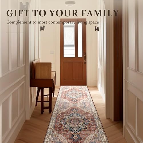 Deerly 3x8 Washable Vintage Area Rugs for Hallway Bohemian Non-Slip Low-Pile Floor Carpet for Kitchen Bathroom Bedroom Dining Room, Brickred/Multi - color: Brickred & Multi, size: 3' x 8' (Runner)