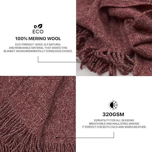 Merino Wool Throw Blanket, Indoor & Outdoor Blankets and Throws, Soft Blanket with Fringes, 65"x79" (170 x 200 cm) - color: Burgundy, size: Queen (U.K. Standard)