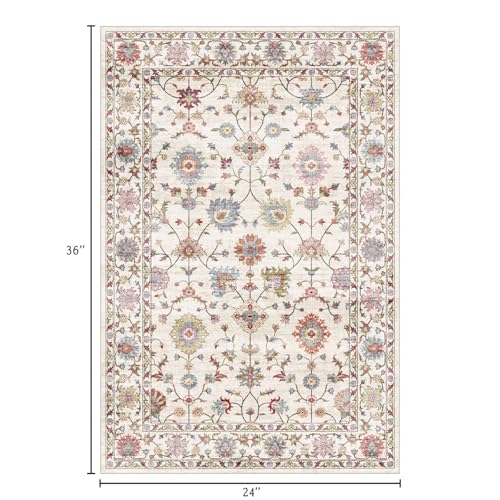 LUXRUG 2x3 Washable Entryway Rug - Small Entry Rug Non-Slip Cream Colorful Vintage Traditional Floral Kitchen Rugs Low Pile Boho Carpet Throw Rugs for Bedroom Bathroom Entrance Dorm Laundry Room - color: Cream Multi, size: 2' x 3' (Rectangular)