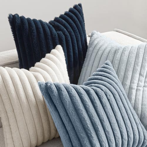 MIULEE Faux Fur Plush Decorative Throw Pillow Covers 18x18 Set of 4, Summer Modern Soft Fuzzy Coastal Striped Cushion Covers for Sofa Couch Bed Living Room Cozy Home Decor,Navy Blue - color: Navy Blue, size: 18" x 18" (Pack of 4)