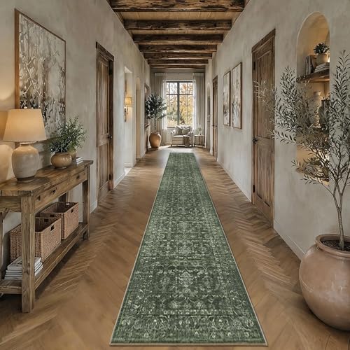 2x14 Green Runner Rug Hallway Washable Area Rugs Kitchen Vintage Boho Non Slip Long Rug Floral Carpet Indoor Retro Soft Low Pile Throw Rug for Bedroom Bathroom Laundry Dining Living Room Office - color: Dark Green, size: 2' x 14' (Runner)