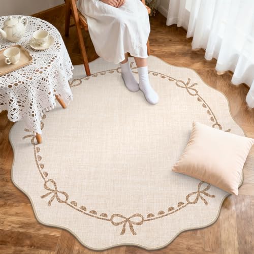 GarveeHome Scalloped Bow Rug for Living Room, 4ft Round Rugs Washable Solid Beige Rug for Dorm Soft Low Pile Non Slip Scalloped Rugs for Nursery Bedroom Decor Kids Room Playroom - color: Beige, size: 4' (Round)
