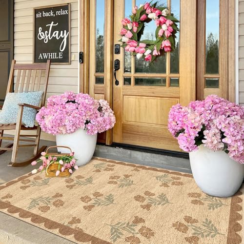 3x5 Floral Entry Rug - Small Washable Indoor Outdoor Mats for Front Door Non-Slip Jute-Look Porch Rug Boho Tan Scalloped Throw Rugs for Living Room Bedroom Entryway Kitchen Office Porch Decor - color: Flower - Wheat/Tan/Sage, size: 3' x 5' (Rectangular)