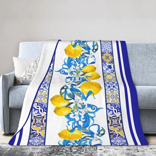 Blue Lemon Throw Blanket for Couch Chair Sofa Bed, Flannel Soft Mediterranean Ceramic Tiles Elegant Baroque Blanket for Bedroom Living Room Car, Warm Cozy Farmhouse Blankets for All Season 30"x 40" - color: Lemon03, size: 30X40 inch