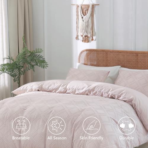 Duvet Cover Queen Size, 3PCS Boho Duvet Cover Set, Geometric Pattern Tufted Bohemian Comforter Cover Jacquard Knit Textured Bedding Set with Zipper Closure - color: Pink, size: Queen