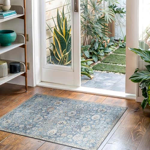 Bloom Rugs Washable Non-Slip 2x3 Rug - Blue/Beige Traditional Oriental Area Rug for Living Room, Bedroom, Dining Room, and Kitchen - Exact Size: 2' x 3' - color: Blue / Beige, size: 2' x 3' (Rectangular)