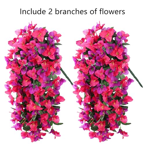 Faux Bougainvillea Artificial Flowers Plants for Outdoors Outside Decoration, 2pcs Fake Flowers Silk Long Trailing Vines UV Resistant Realistic for Front Door Porch Planter Urn Patio Balcony Yard, Mix - color: Purple Hot-pink