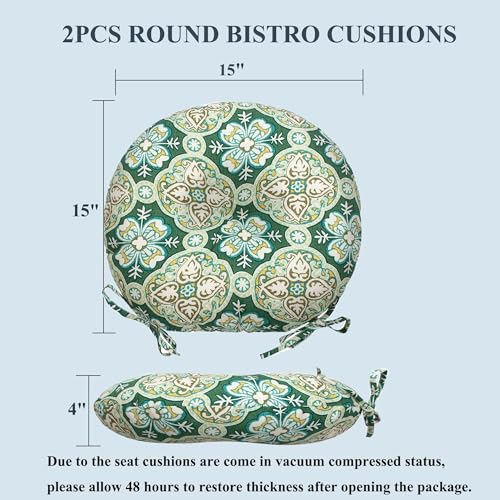 FUNHOME Bistro Chair Cushions Set of 2 Outdoor Round Chair Cushions for Patio Furniture 15"x15"x4", Water-Repellent Tufted Round Chair Pads for Home Garden-Green Medal - color: Green Pattern